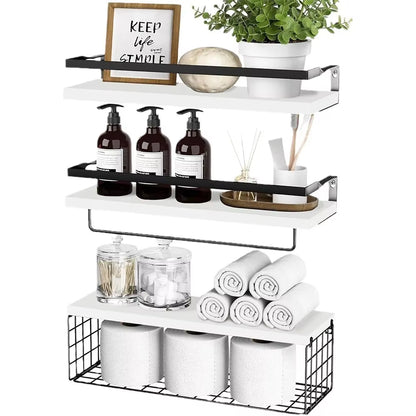 Floating Shelves with Wire Storage Basket Bathroom Shelves over Toilet with Protective Metal Guardrail Multifunction Shelves