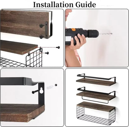 Floating Shelves with Wire Storage Basket Bathroom Shelves over Toilet with Protective Metal Guardrail Multifunction Shelves