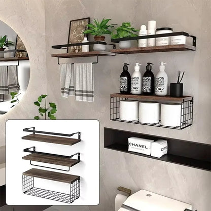 Floating Shelves with Wire Storage Basket Bathroom Shelves over Toilet with Protective Metal Guardrail Multifunction Shelves