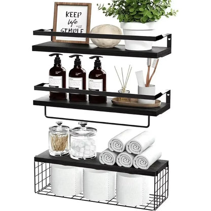 Floating Shelves with Wire Storage Basket Bathroom Shelves over Toilet with Protective Metal Guardrail Multifunction Shelves