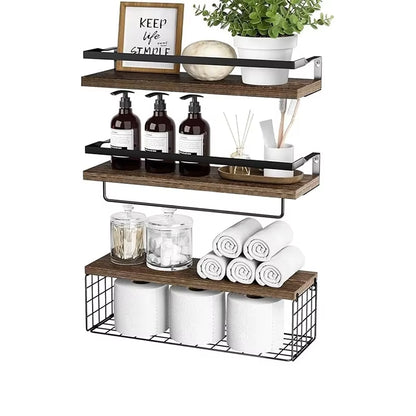 Floating Shelves with Wire Storage Basket Bathroom Shelves over Toilet with Protective Metal Guardrail Multifunction Shelves