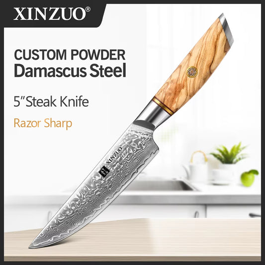 XINZUO Lan Series 5'' Damascus Steel Utility Knife – Precision Blade with Olive Wood Handle